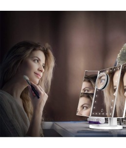 Espejo de maquillaje 1x-2x-3x de 3 pliegues con 24 luces LED y regalo de 10X