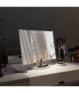 Espejo de maquillaje 1x-2x-3x de 3 pliegues con 24 luces LED y regalo de 10X